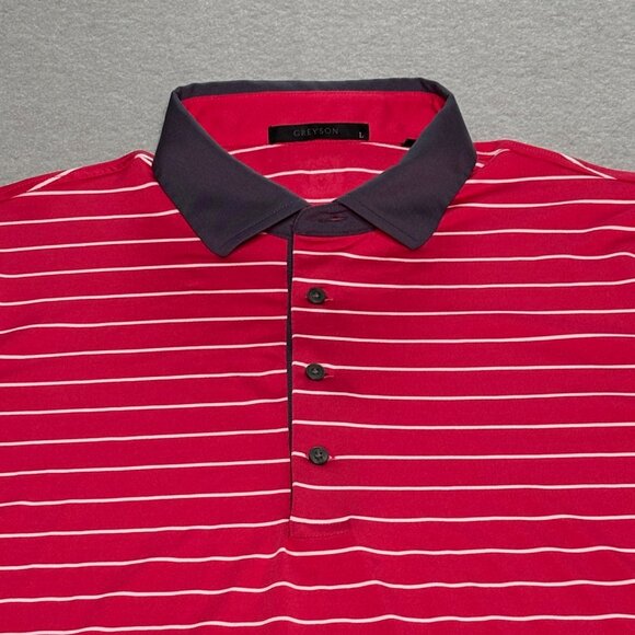 Greyson Polo Golf Shirt Men Large Pink & White Striped Performance Comfort - Picture 1 of 8